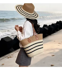Stylish straw woven tote bag with contrast stripes, perfect for beach vacation and commute.