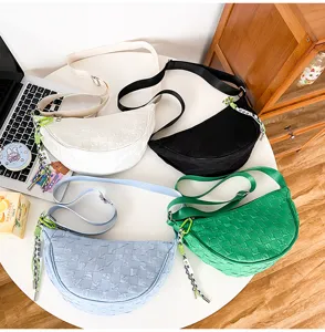 Nylon crescent shoulder bag with woven grid pattern, casual daily crossbody bag for women.