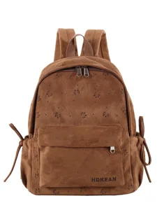 Japanischer minimalistischer brauner Wildleder Rucksack mit Schleifen Print und Fronttasche.
