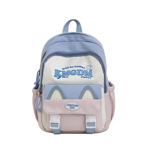 Cute colorblock backpack detail showing cat ears, contrast straps and functional front pocket.