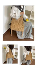 Sac cabas tissé creux fait main pour femme, grand sac à épaule de vacances à la plage.