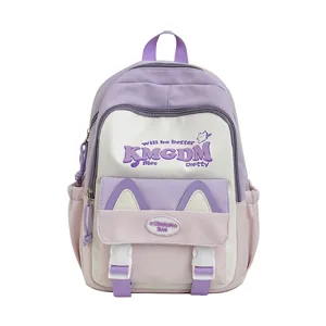 Close-up detail view of the cute contrast color backpack with letter print and cat ears.