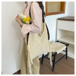Sac bandoulière hobo en crochet fait main pour femme, sac de plage décontracté avec franges.