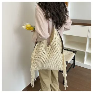 Sac cabas tissé ajouré fait main détail scène avec design à franges et grande capacité.