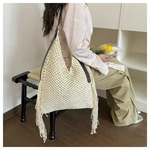 Sac cabas tricoté ajouré beige pour femmes, élégant sac à épaule de vacances à la plage.