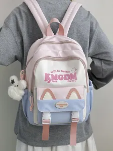 Cute Cartoon School Backpack For Girls Color Block Letter Printed Large Capacity Nylon Students Bookbag Breathable Wear Resistant Daypack