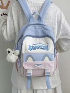 Cute color-block student backpack with letter print, large capacity aesthetic school bag.