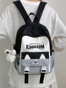 Colorblock canvas school backpack with cute cat ears and letters for teenage girls daily.
