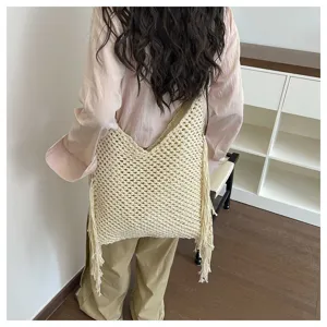 Sac cabas tressé creux fait main pour femme, grand sac épaule plage avec franges.