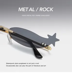 Steampunk metal fish frame sunglasses with unique star tail design and cool grey tinted lenses.