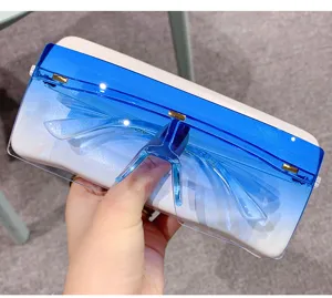 Occhiali da sole a mascherina sfumati blu oversize con rivetti metallici, occhiali alla moda.