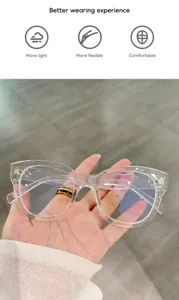 Vue détaillée rapprochée d'une monture de lunettes carrée transparente légère et flexible.