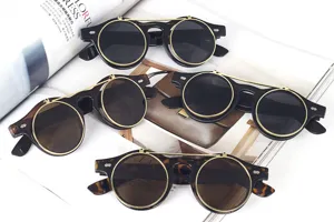 Retro Punk doppellagige Flip runde Sonnenbrille Metallrahmen Vintage Brille Damen Herren