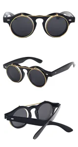 Detailansicht der Retro Punk doppelten Klapp-Sonnenbrille, schwarz-goldener runder Metallrahmen.