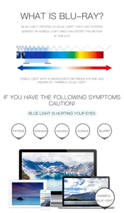 Blaulichtfilter Brille Detail Infografik mit Wellenlänge und Augenmüdigkeit Symptomen.