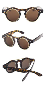 Retro Punk runde Sonnenbrille mit Klappfunktion, Leopardenmuster Rahmen und goldenen Metalldetails.