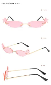 Details of pink star rimless sunglasses with gold metal frame, showing multi-angle closeups.
