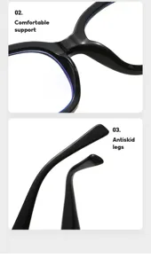 Vue détaillée de lunettes anti-lumière bleue noires montrant le pont et les branches.