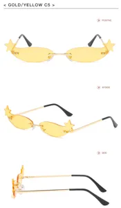 Trendy star rimless sunglasses with gold metal frame and yellow star lenses for fashion.