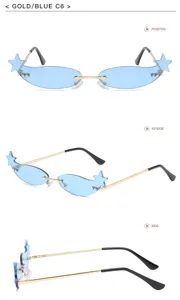 Y2K star rimless sunglasses for women and men, blue lens metal frame eyewear street style.