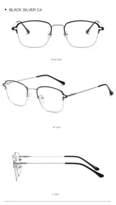 Retro half-frame metal optical glasses frame in black silver color, multi-angle detail view.
