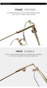 Metal optical glasses frame detail view, showing textured frame and durable hinge.