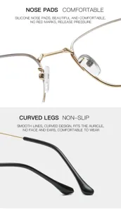 Retro semi-frame metal optical glasses detail showing comfortable silicone nose pads and legs.