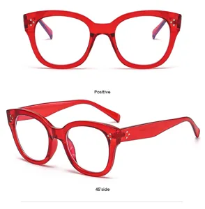 Lunettes anti-lumière bleue carrées rétro rouges, vue détaillée de la monture en acétate.