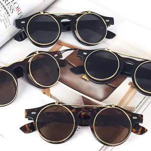 Vintage Steampunk doppelschichtige runde Sonnenbrille mit Metallrahmen fuer Damen und Herren.
