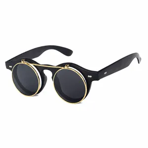 Punk Doppelter Schicht Flip Up Runde Sonnenbrille Vintage Metallrahmen Sonnenbrille