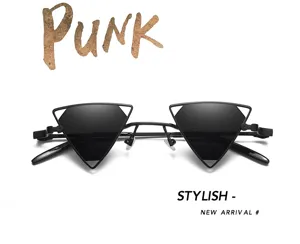 Punk Stil hohle Dreieck Metall Sonnenbrille Detailansicht, trendiger schwarzer Rahmen.