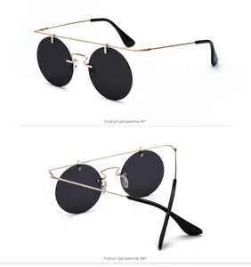 Vue détaillée de lunettes de soleil rondes rétro avec monture en métal et verres noirs.