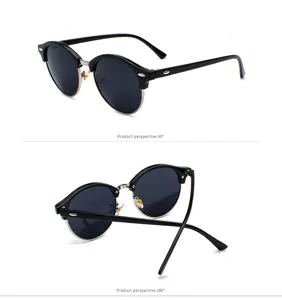 Classic round browline sunglasses with black frames and metal rim detail, multi-angle view.