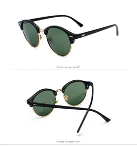 Detailed close-up shot of half-frame sunglasses featuring black brow line and dark green lenses.