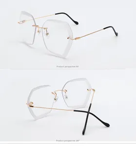 Vista detallada de gafas de sol poligonales sin montura, elegante montura metálica mujer.