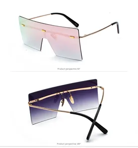 Gafas de sol degradadas de una pieza sobredimensionadas sin montura y patillas, detalle.