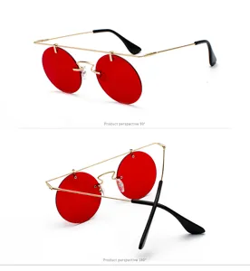 Lunettes de soleil rétro rondes à verres rouges, monture dorée légère et design unisexe.