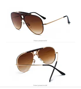 Detailed view of aviator sunglasses with hollow round design and gradient brown lenses.