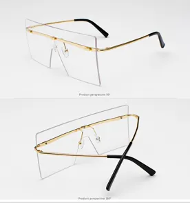 Vista detallada de las elegantes gafas de sol sin montura con marco de metal dorado.