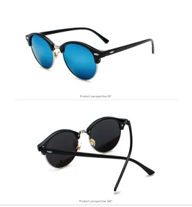 Detailed view of fashion round half-metal polarized sunglasses with different angles.
