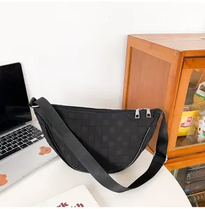 Black nylon crescent shoulder bag, casual crossbody bag with wide strap for daily use.