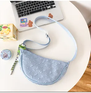 Light blue nylon crescent crossbody bag quilted dumpling shoulder bag for daily casual use