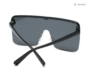 Détail arrière de lunettes de soleil masque oversize noires montrant charnière et structure.