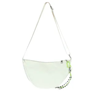 White crescent crossbody bag detail, featuring adjustable strap and neon green zipper pull.
