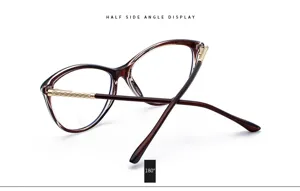 Detailed shot of cat-eye optical glasses featuring brown frame and golden spring temples.