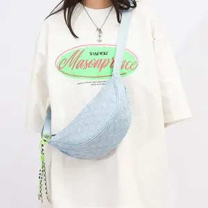 Light blue woven nylon crescent sling bag, stylish casual crossbody dumpling bag for daily use.