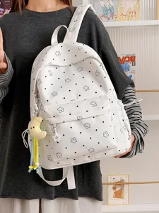 White nylon school backpack with cute star and dot pattern, large capacity daily casual bag.