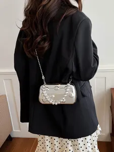 Silberne metallische Abendtasche für Damen, stylische Acryl Schulter Umhängetasche Perlen.