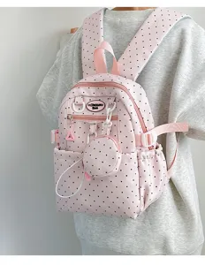 Sac à dos d'école rose à pois avec petite pochette pour ados, cartable d'étudiant décontracté.