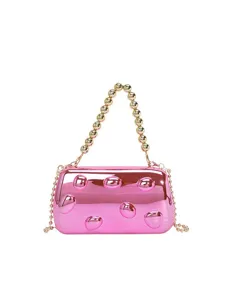Rosa metallische harte Abendtasche Clutch mit goldenem Perlenhenkel und schicker Umhängekette.